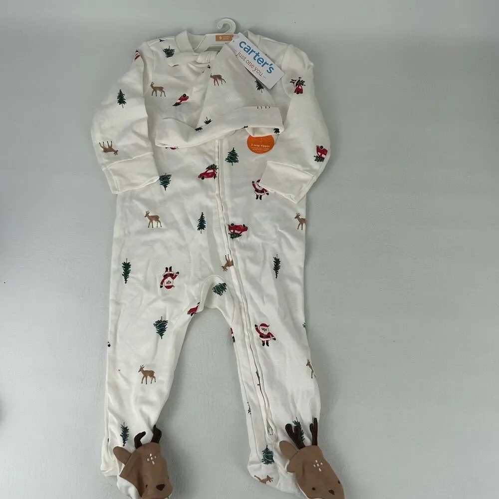 Carter’s Christmas Footed Pajamas Size 9M Set Hat Lot Santa Claus 2 Way Zipper